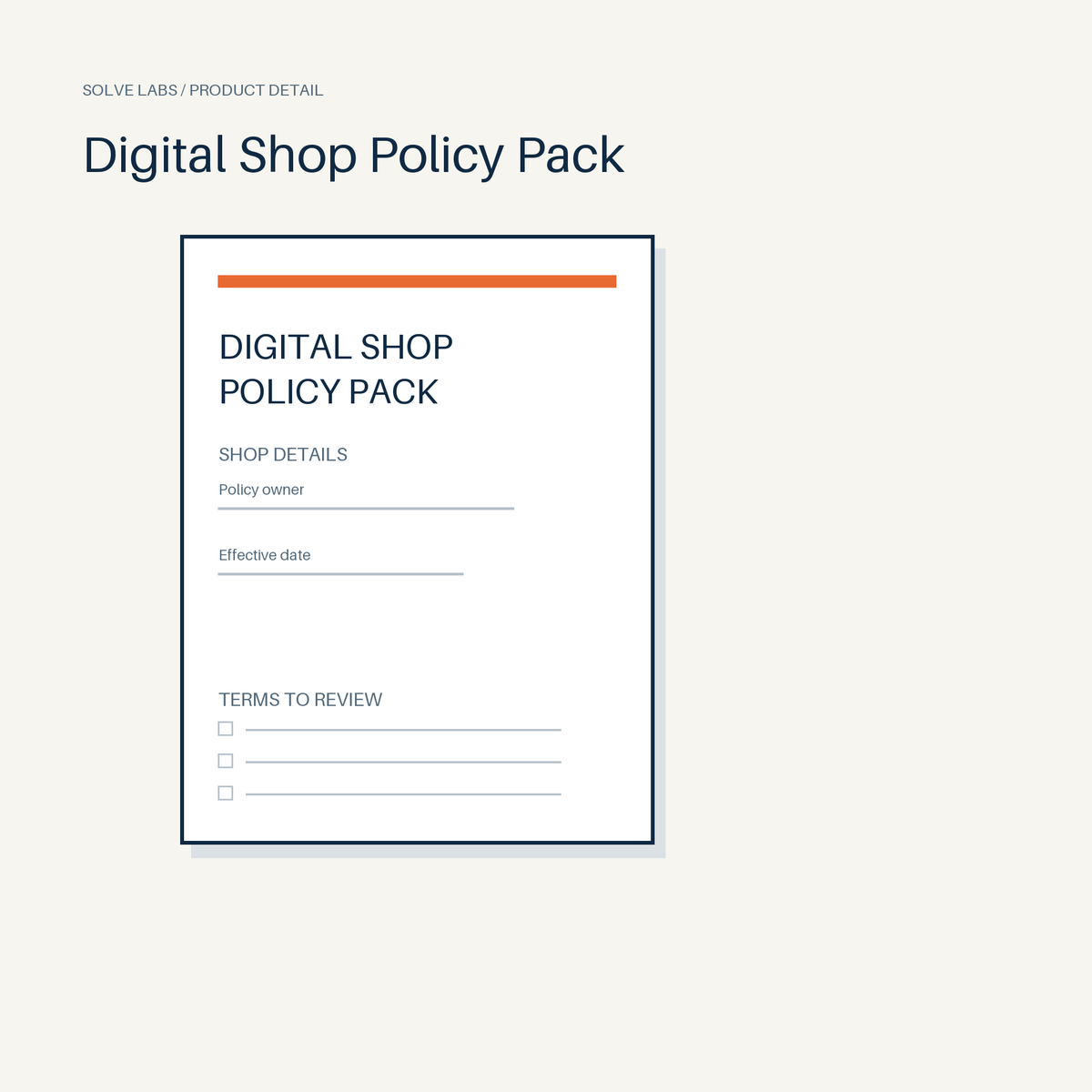 Worksheet preview of the Digital Shop Policy Pack, with shop details and terms to review.